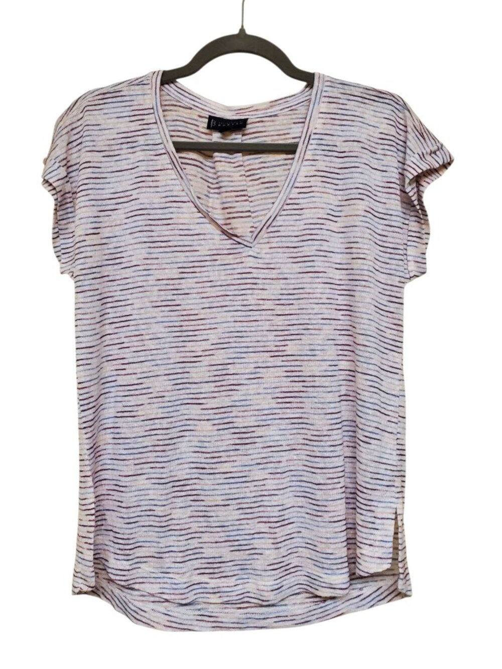 Bobeau Women's White Pastel Spacedye Ombre Stripe Boxy V-Neck Knit Top Size S
